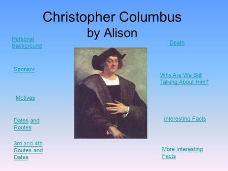 Christopher Columbus by Alison Motives Personal Background Sponsor DatesDates and Routesand Routes 3rd and 4th Routes and Dates Death Why Are We Still.