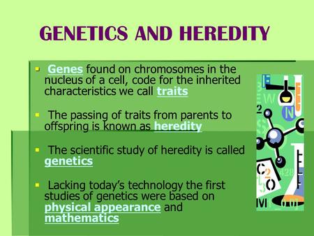 GENETICS AND HEREDITY Genes found on chromosomes in the nucleus of a cell, code for the inherited characteristics we call traits The passing of traits.