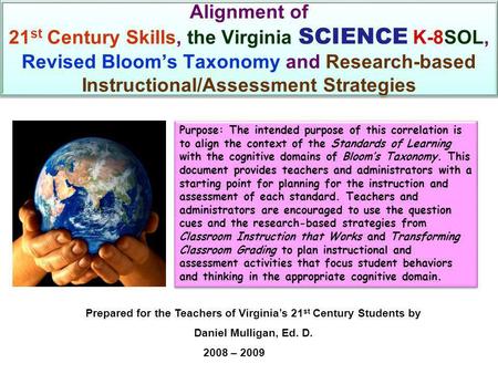 Alignment of 21 st Century Skills, the Virginia SCIENCE K-8SOL, Revised Bloom’s Taxonomy and Research-based Instructional/Assessment Strategies Purpose: