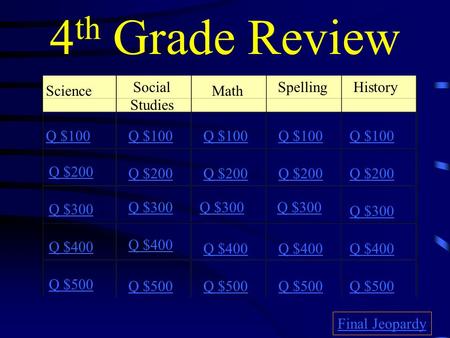 4 th Grade Review Science Social Studies Math SpellingHistory Q $100 Q $200 Q $300 Q $400 Q $500 Q $100 Q $200 Q $300 Q $400 Q $500 Final Jeopardy.