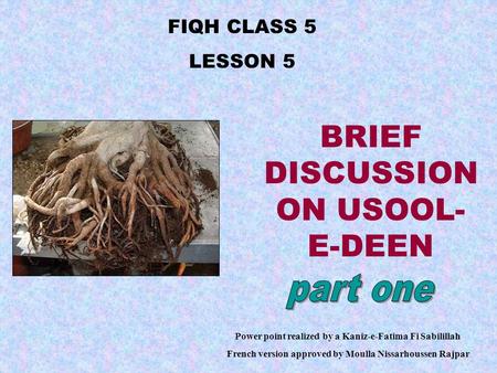 FIQH CLASS 5 LESSON 5 Power point realized by a Kaniz-e-Fatima Fi Sabilillah French version approved by Moulla Nissarhoussen Rajpar BRIEF DISCUSSION ON.