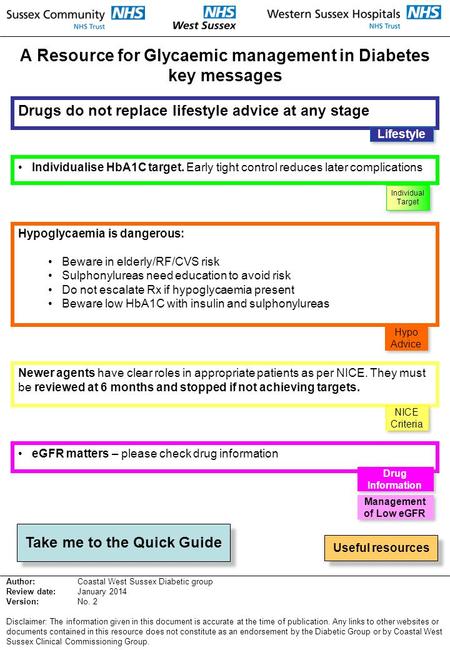 A Resource for Glycaemic management in Diabetes key messages Hypoglycaemia is dangerous: Beware in elderly/RF/CVS risk Sulphonylureas need education to.