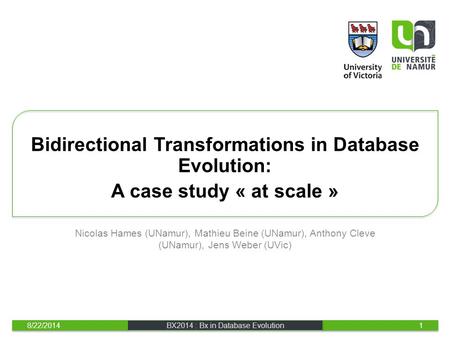 Nicolas Hames (UNamur), Mathieu Beine (UNamur), Anthony Cleve (UNamur), Jens Weber (UVic) Bidirectional Transformations in Database Evolution: A case study.