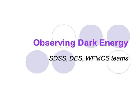 Observing Dark Energy SDSS, DES, WFMOS teams. Understanding Dark Energy No compelling theory, must be observational driven We can make progress on questions: