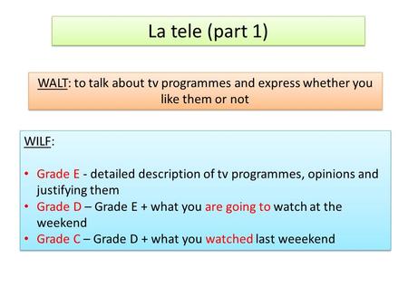 La tele (part 1) WALT: to talk about tv programmes and express whether you like them or not WILF: Grade E - detailed description of tv programmes, opinions.