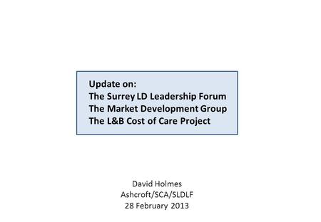 Update on: The Surrey LD Leadership Forum The Market Development Group The L&B Cost of Care Project David Holmes Ashcroft/SCA/SLDLF 28 February 2013.