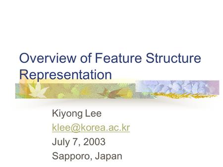 Overview of Feature Structure Representation Kiyong Lee July 7, 2003 Sapporo, Japan.