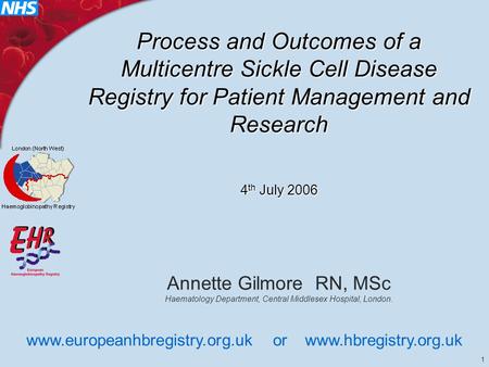 1 Process and Outcomes of a Multicentre Sickle Cell Disease Registry for Patient Management and Research 4 th July 2006 Annette Gilmore RN, MSc Haematology.