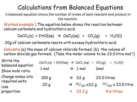 Calculations from Balanced Equations