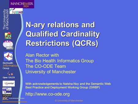N-ary relations and Qualified Cardinality Restrictions (QCRs) Alan Rector with The Bio Health Informatics Group The CO-ODE Team University of Manchester.