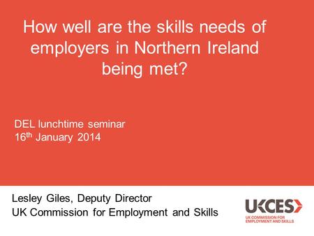 How well are the skills needs of employers in Northern Ireland being met? Lesley Giles, Deputy Director UK Commission for Employment and Skills DEL lunchtime.