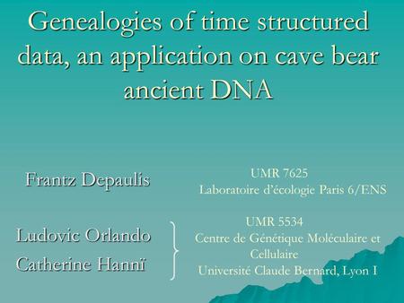 Genealogies of time structured data, an application on cave bear ancient DNA Frantz Depaulis Ludovic Orlando Catherine Hannï UMR 5534 Centre de Génétique.