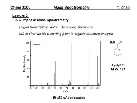 Mass Spectrometry Chem 3500 Mass Spectrometry Y. Zhao Lecture 2 A Glimpse of Mass Spectrometry Began from 1920s: Aston, Dempster, Thompson MS is often.