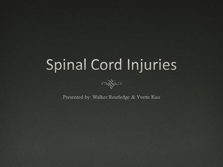 What is Spinal Cord Injury?What is Spinal Cord Injury?  Spinal cord: bundle of nerves which run through the spine  Damages/injuries cause: loss of sensory.