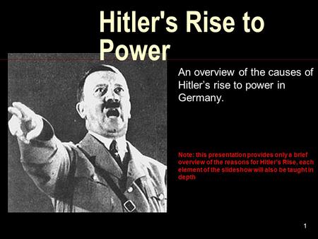Hitler's Rise to Power An overview of the causes of Hitler’s rise to power in Germany. Note: this presentation provides only a brief overview of the reasons.