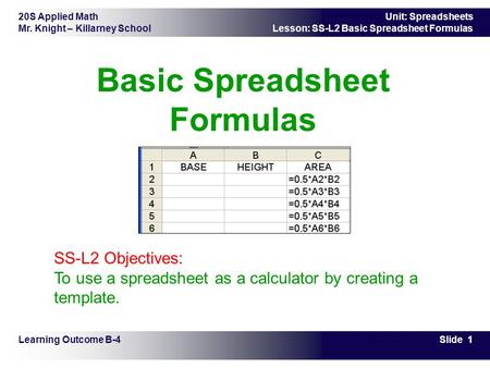 20S Applied Math Mr. Knight – Killarney School Slide 1 Unit: Spreadsheets Lesson: SS-L2 Basic Spreadsheet Formulas Basic Spreadsheet Formulas Learning.