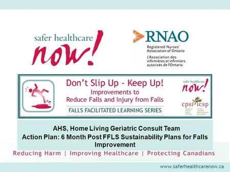 Www.saferhealthcarenow.ca AHS, Home Living Geriatric Consult Team Action Plan: 6 Month Post FFLS Sustainability Plans for Falls Improvement.