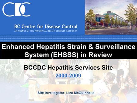 Enhanced Hepatitis Strain & Surveillance System (EHSSS) in Review 2000-2009 BCCDC Hepatitis Services Site Site Investigator: Liza McGuinness.