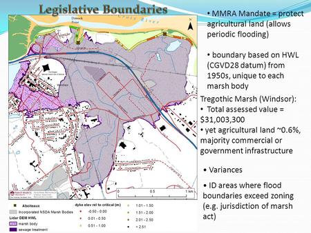 Variances ID areas where flood boundaries exceed zoning (e.g. jurisdiction of marsh act) MMRA Mandate = protect agricultural land (allows periodic flooding)