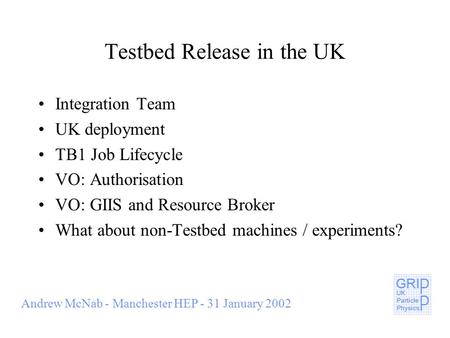 Andrew McNab - Manchester HEP - 31 January 2002 Testbed Release in the UK Integration Team UK deployment TB1 Job Lifecycle VO: Authorisation VO: GIIS and.