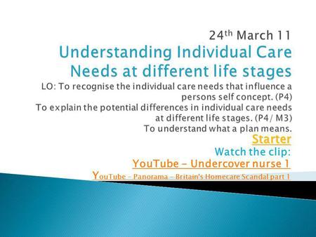 24th March 11 Understanding Individual Care Needs at different life stages LO: To recognise the individual care needs that influence a persons self concept.