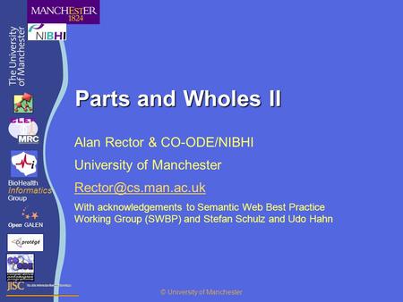 Parts and Wholes II Alan Rector & CO-ODE/NIBHI University of Manchester With acknowledgements to Semantic Web Best Practice Working.