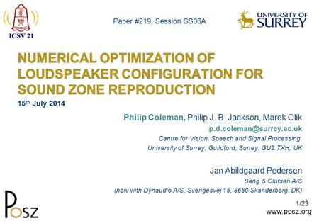 1/23 Philip Coleman, Philip J. B. Jackson, Marek Olik Centre for Vision, Speech and Signal Processing, University.