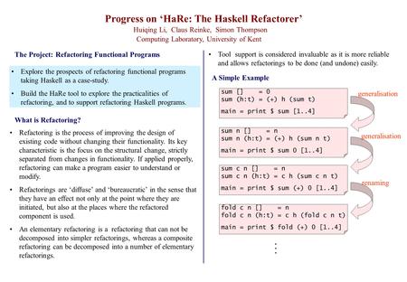 Progress on ‘HaRe: The Haskell Refactorer’ Huiqing Li, Claus Reinke, Simon Thompson Computing Laboratory, University of Kent Refactoring is the process.