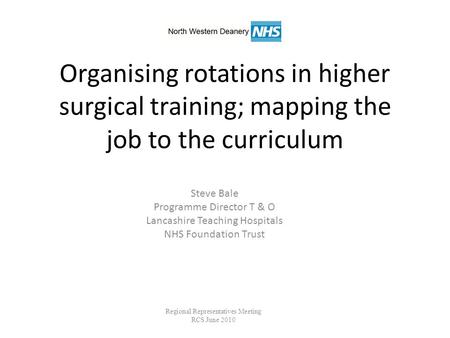 Organising rotations in higher surgical training; mapping the job to the curriculum Steve Bale Programme Director T & O Lancashire Teaching Hospitals NHS.
