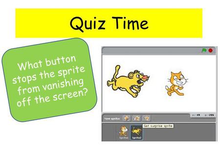 Quiz Time What button stops the sprite from vanishing off the screen?