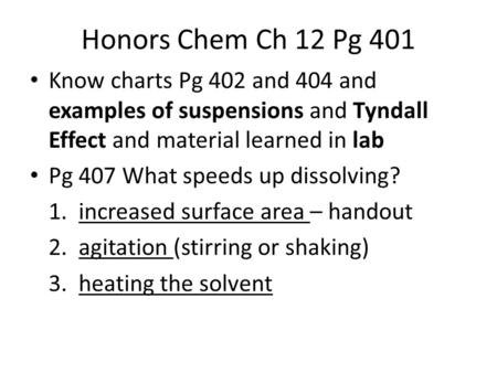 Honors Chem Ch 12 Pg 401 Know charts Pg 402 and 404 and examples of suspensions and Tyndall Effect and material learned in lab Pg 407 What speeds up dissolving?