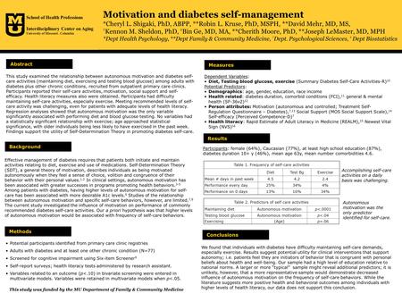 Motivation and diabetes self-management *Cheryl L. Shigaki, PhD, ABPP, **Robin L. Kruse, PhD, MSPH, **David Mehr, MD, MS, † Kennon M. Sheldon, PhD, ‡ Bin.