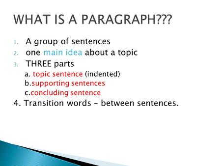 1. A group of sentences 2. one main idea about a topic 3. THREE parts a. topic sentence (indented) b.supporting sentences c.concluding sentence 4. Transition.