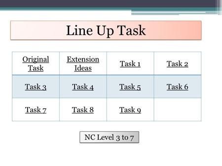 Line Up Task Original Task Extension Ideas Task 1Task 2 Task 3Task 4Task 5Task 6 Task 7Task 8Task 9 NC Level 3 to 7.