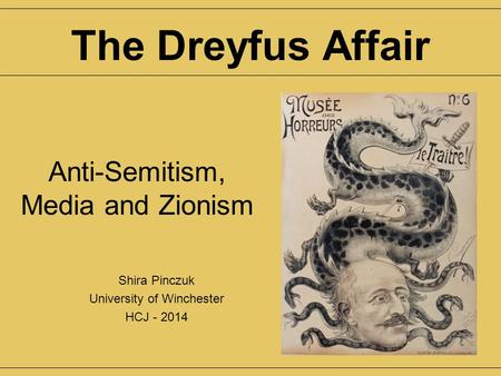 Anti-Semitism, Media and Zionism Shira Pinczuk University of Winchester HCJ - 2014 The Dreyfus Affair.