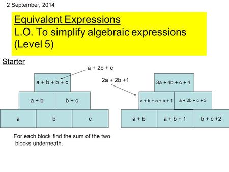 Equivalent Expressions L.O. To simplify algebraic expressions (Level 5) abc a + ba + b + 1b + c +2 For each block find the sum of the two blocks underneath.