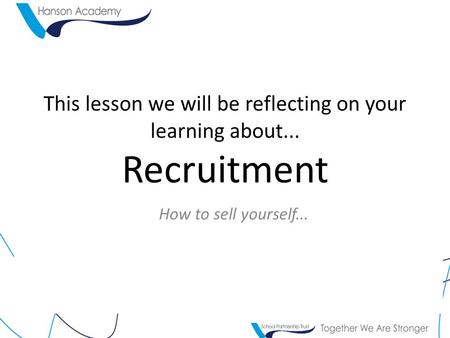 This lesson we will be reflecting on your learning about... Recruitment How to sell yourself...