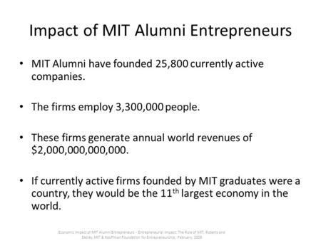 Impact of MIT Alumni Entrepreneurs MIT Alumni have founded 25,800 currently active companies. The firms employ 3,300,000 people. These firms generate annual.