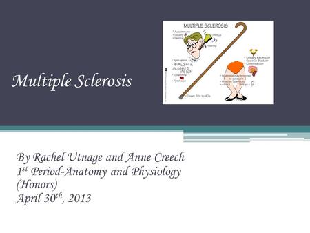 Multiple Sclerosis By Rachel Utnage and Anne Creech 1 st Period-Anatomy and Physiology (Honors) April 30 th, 2013.