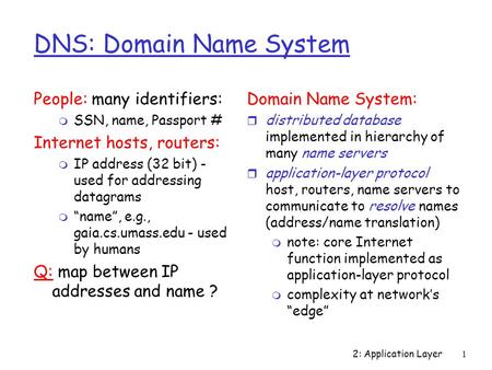 2: Application Layer1 DNS: Domain Name System People: many identifiers: m SSN, name, Passport # Internet hosts, routers: m IP address (32 bit) - used for.