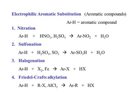 Electrophilic Aromatic Substitution (Aromatic compounds) Ar-H = aromatic compound 1. Nitration Ar-H + HNO 3, H 2 SO 4  Ar-NO 2 + H 2 O 2.Sulfonation.