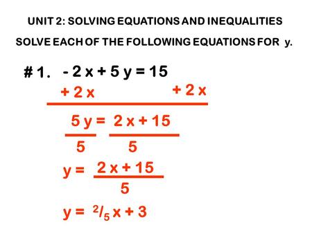 UNIT 2: SOLVING EQUATIONS AND INEQUALITIES SOLVE EACH OF THE FOLLOWING EQUATIONS FOR y. # 1. - 2 x + 5 y = 15 + 2 x 5 y = 2 x + 15 55 y = 2 x + 15 5 y.