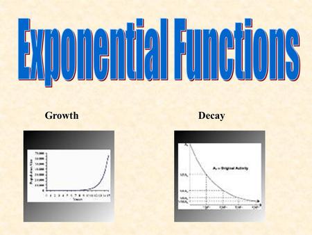 GrowthDecay. Exponential function – A of the form y=ab x Step 1 – Make a table of values for the function.