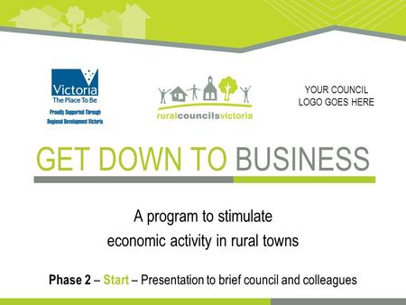 GET DOWN TO BUSINESS A program to stimulate economic activity in rural towns Phase 2 – Start – Presentation to brief council and colleagues YOUR COUNCIL.