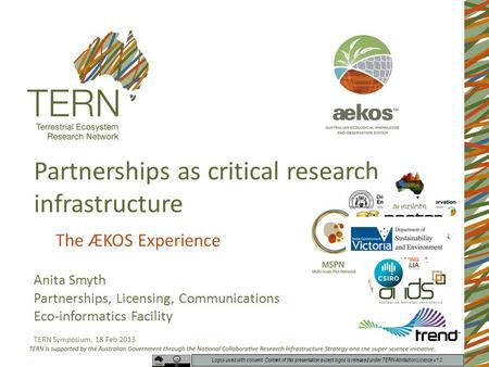 Partnerships as critical research infrastructure The ÆKOS Experience Anita Smyth Partnerships, Licensing, Communications Eco-informatics Facility TERN.