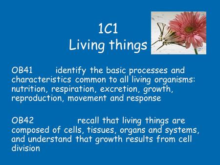 1C1 Living things OB41		identify the basic processes and characteristics common to all living organisms: nutrition, respiration, excretion, growth, reproduction,