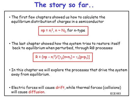 The story so far.. The first few chapters showed us how to calculate the equilibrium distribution of charges in a semiconductor np = ni2, n ~ ND for n-type.