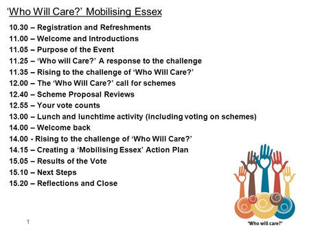 ‘Who Will Care?’ Mobilising Essex 1 10.30 – Registration and Refreshments 11.00 – Welcome and Introductions 11.05 – Purpose of the Event 11.25 – ‘Who will.