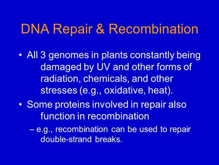 DNA Repair & Recombination All 3 genomes in plants constantly being damaged by UV and other forms of radiation, chemicals, and other stresses (e.g., oxidative,