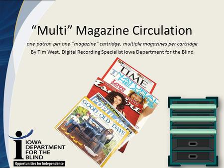“Multi” Magazine Circulation one patron per one “magazine” cartridge, multiple magazines per cartridge By Tim West, Digital Recording Specialist Iowa Department.